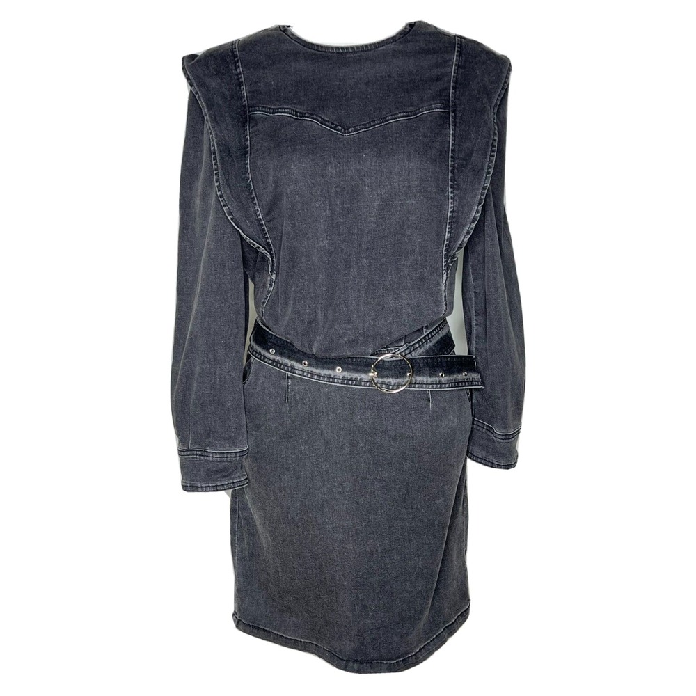 By Egreis Denim Mini Dress Womens Small Black New Belted Ruffle Shoulder Edgy
